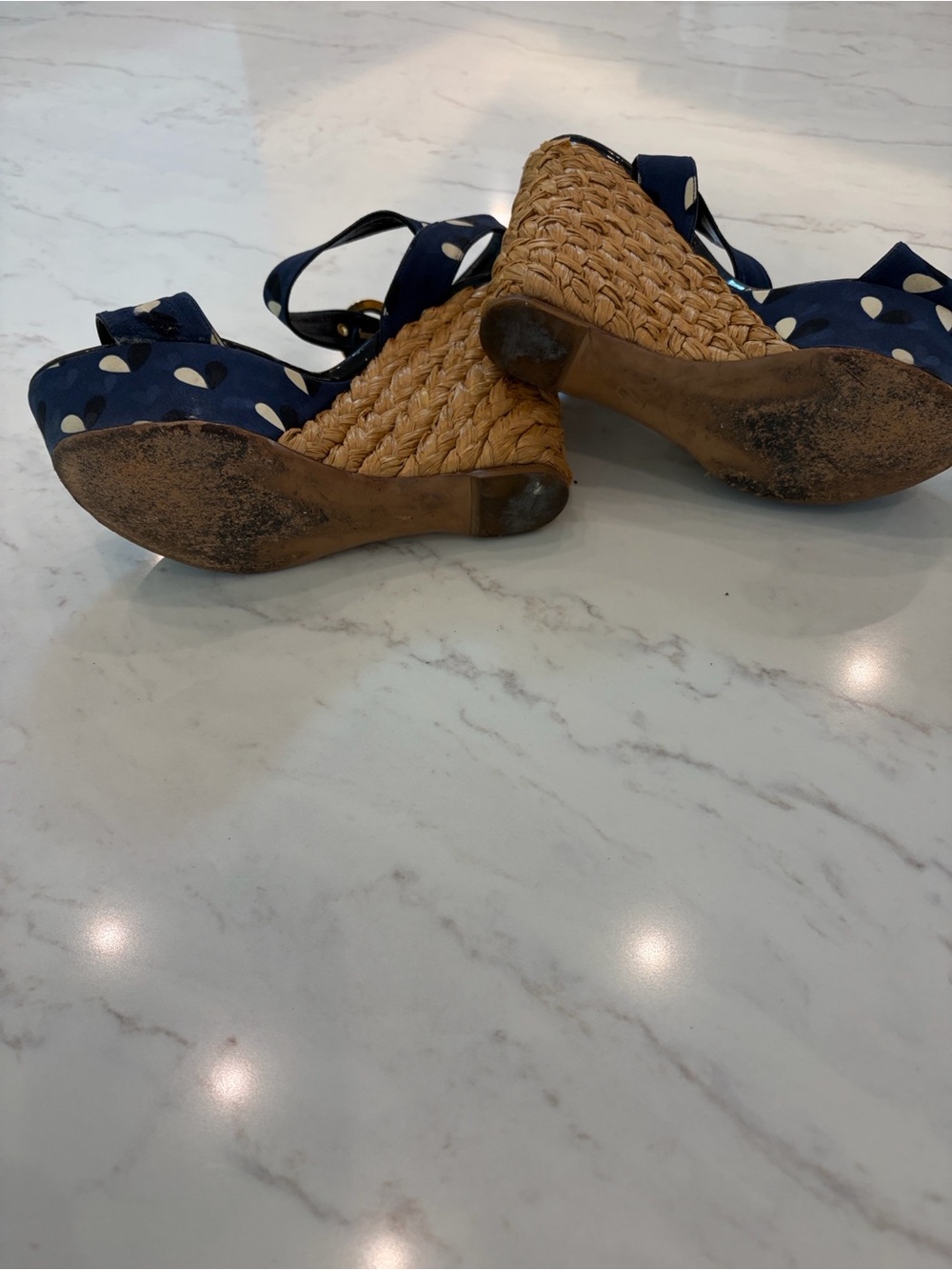 Louis Vuitton Navy Polka Dot Raffia Espadrille Wedge Sandals - Picture 7 of 9